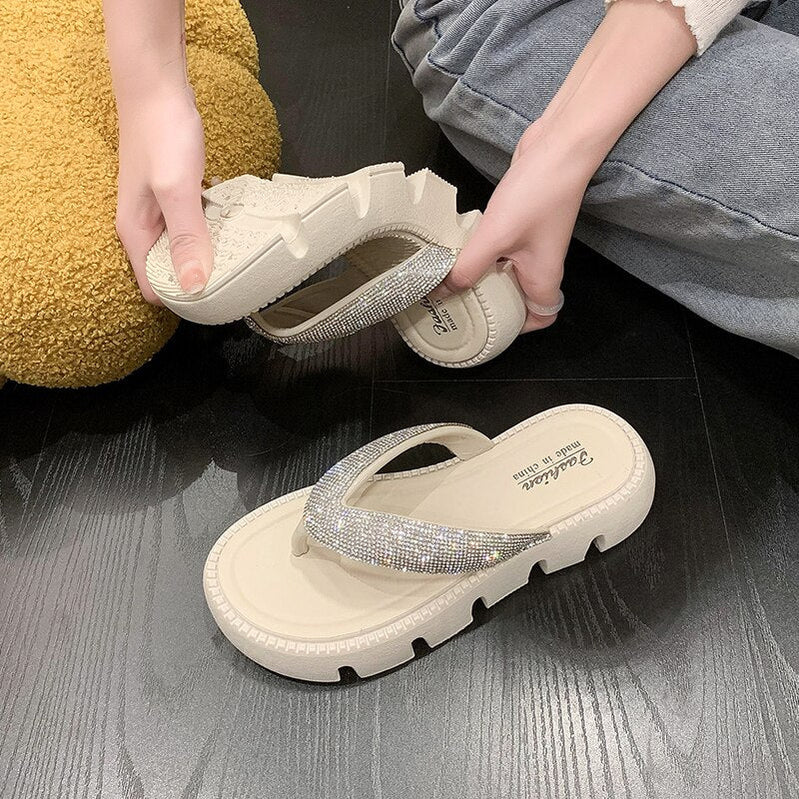 Thick Platform Shiny Crystal Flip Flops Women Summer Soft Bottom Beach Sandals Shoes Woman Fashion Clip Toe Clogs Slippers