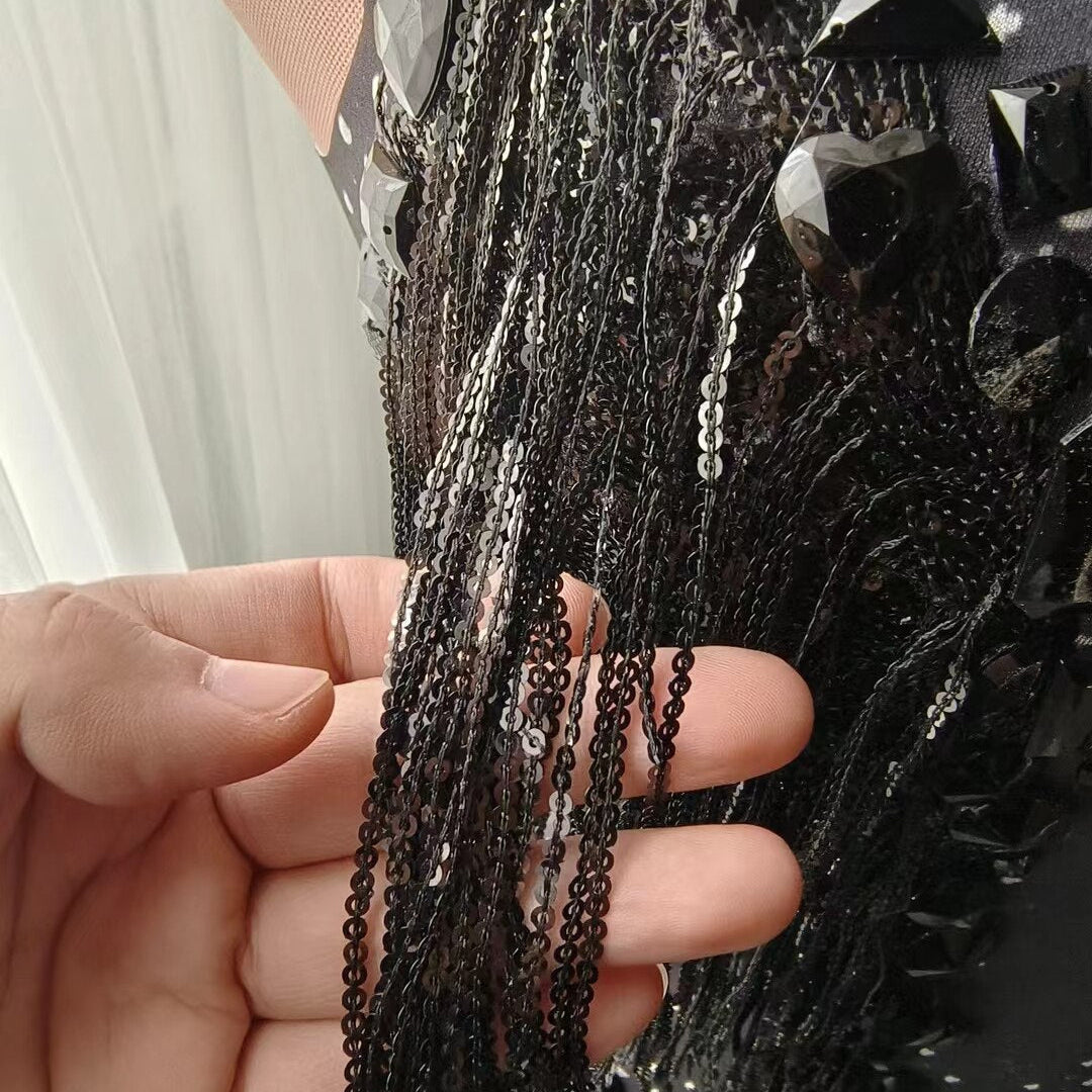 Women Nightclub Outfit Dance Costume One-piece Stage Wear Sexy Performance Clothing Sparkly Black Stones Sequins Fringes Leotard