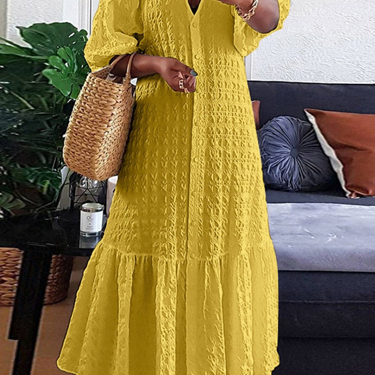 Plus Size 5XL VONDA Women Shirt Dress 2023 Summer Sexy V Neck Buttons Half Sleeve Long Maxi Vestidos Bohemian Elegant Party Robe Yellow