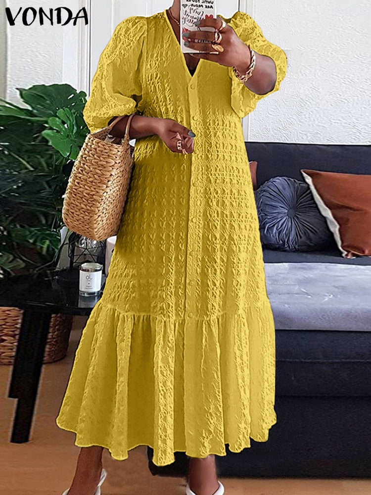 Plus Size 5XL VONDA Women Shirt Dress 2023 Summer Sexy V Neck Buttons Half Sleeve Long Maxi Vestidos Bohemian Elegant Party Robe Yellow