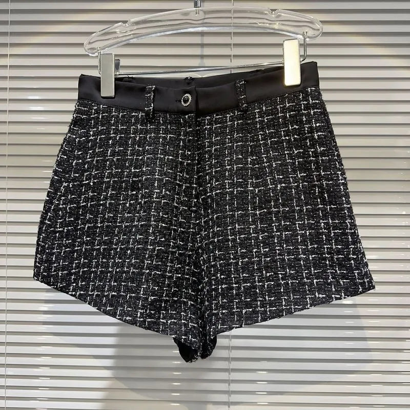 PREPOMP Autumn New Arrival Feathers Camisole Floral Pin Plaid Jacket Slim Shorts Three Piece Set Outfits Women GL610 Black Shorts