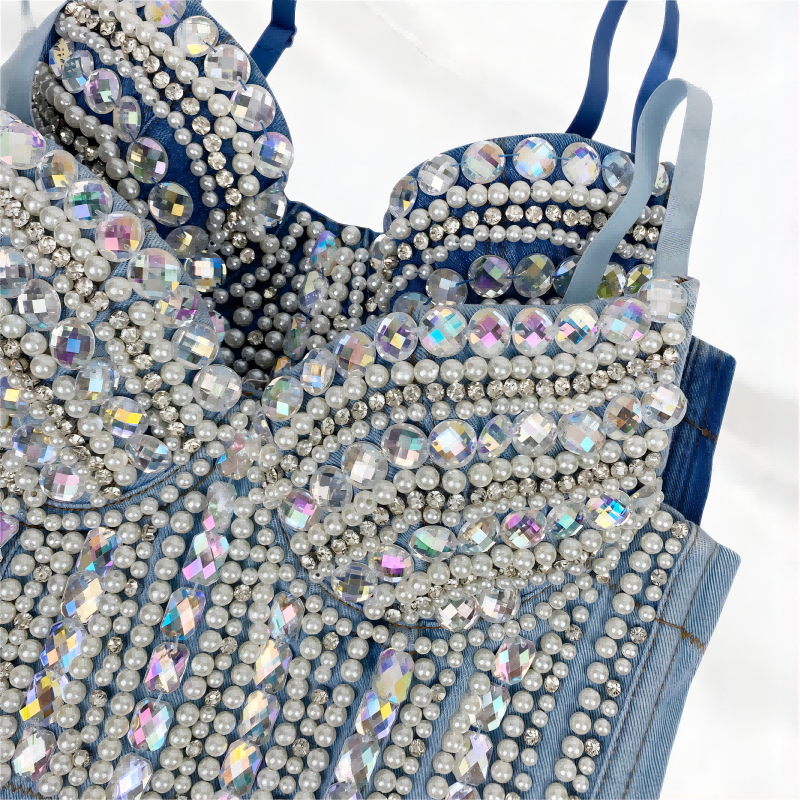 SXTHAENOO Women&#39;s Heavy Industry nailed beaded Diamond-Studded Sexy Crop Top Fashion Denim Sling Top Vset топ женский