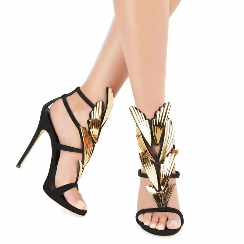 Sculpted Golden Wings Heels Sandals Ankle Strap Stiletto Heel Pointed Toe Shoes Women Casual Hollow Gladiator Sandals