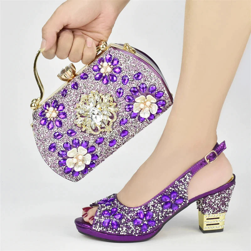 Nigerian Party Shoes with Bag Set Decorated with Rhinestone Shoes for Women Designer Luxury Wedding Shoes Bride Purple