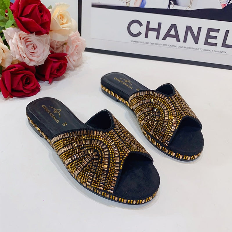 Trendy Colorful Slides for Women New Classic Design Sandals Italian Style Lady Shoes Low Heel Summer Mules Comfy Sandals 132-12Gold
