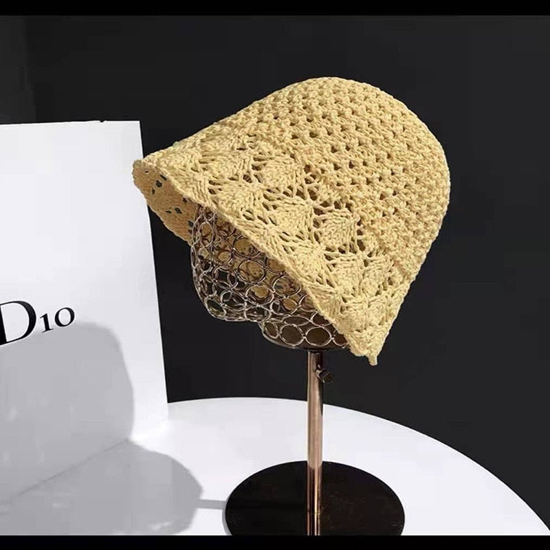 Sunscreen Hat Women's Net Red ins Korean Bucket Hat Hollow out Fisherman Basin Hat Outdoor Knitted Sun Shield Hat 17 55-58CM