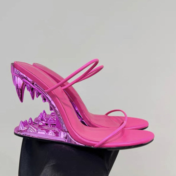 Fashion Metal Teeth Shaped Heel Sandals Round Toe Back Zipper Women's Dress Large Women's Sandals Summer rose red 1