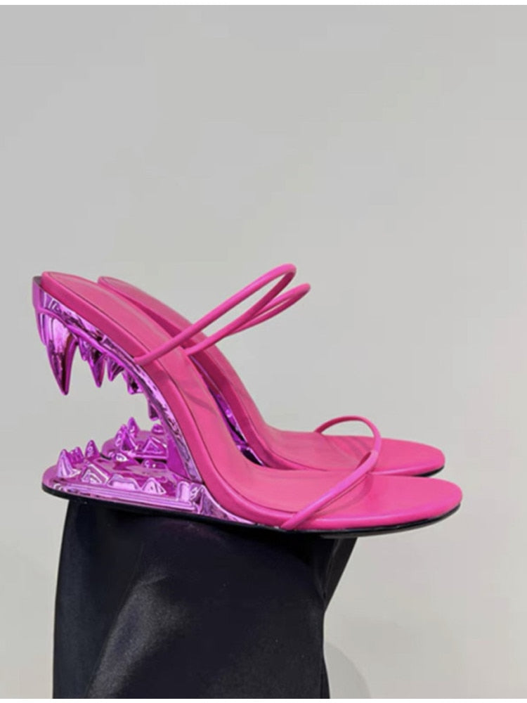 Fashion Metal Teeth Shaped Heel Sandals Round Toe Back Zipper Women's Dress Large Women's Sandals Summer rose red 1