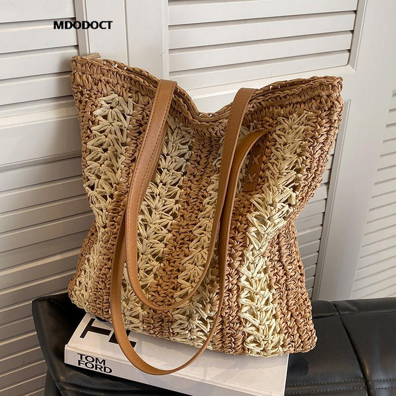 Casual Large Capacity Straw Woven Tote Shoulder Bags For Women Luxury Designer Beach Ladies Handbags Khaki