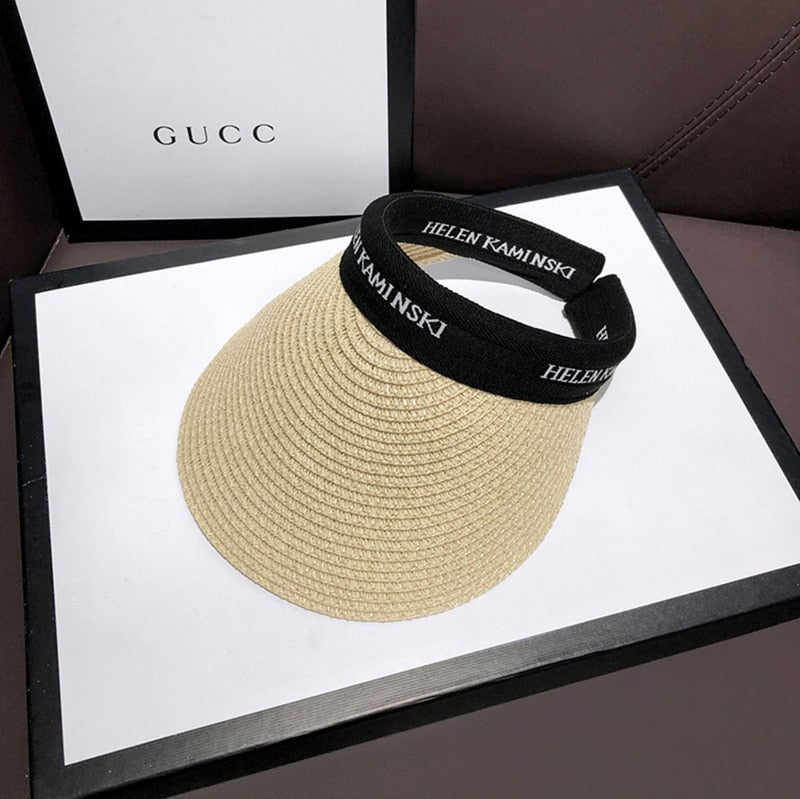 Empty Top Straw Hat Travel Sunshade Sun Hat Cap Trendy Superlite Beach Cap summer Wear Visor Cap For Womens Black Beige-1 57 cm