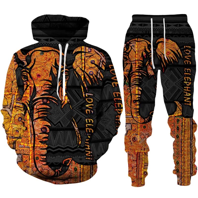 Autumn And Winter Male 3D Elephant Print Hoodie Pants Suit Casual Jogging Clothing Set Men Tracksuit Pullover Fashion Men's Suit 4 Spain