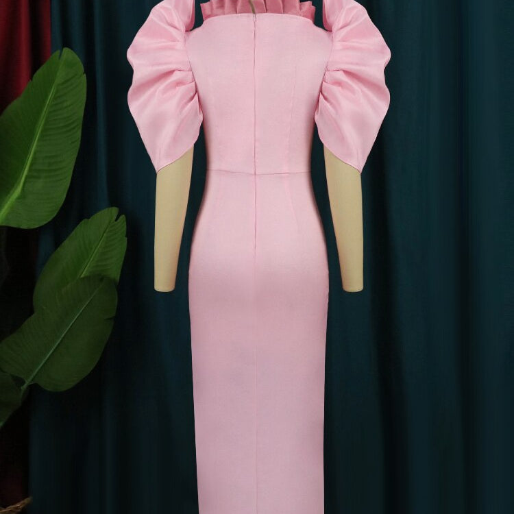 Party Sexy Pink Dresses Women High Slit Short Puff Sleeve Button Robes Celebrate Homecoming Event Outfits Summer Vestidos