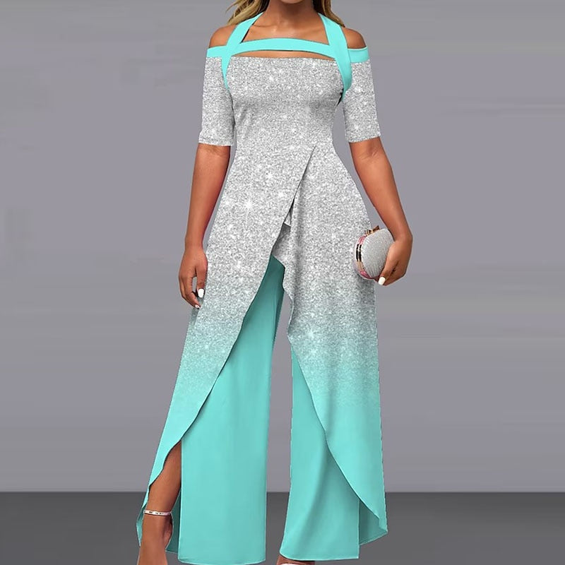 Elegant Pattern Print Short Sleeve Long Jumpsuit Women Chic Backless Lace-up Irregular Overall Fashion Female Split Romper 08 Emerald