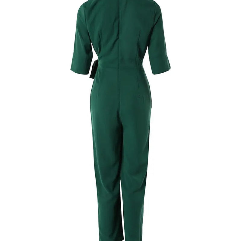 Half Sleeve Wide Leg Work Jumpsuit Summer Women's Bodysuit New Fashion Elegant Office High Waist V-Neck Lace Up Style