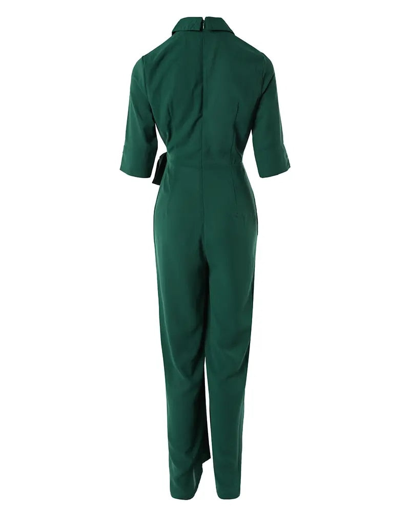 Half Sleeve Wide Leg Work Jumpsuit Summer Women's Bodysuit New Fashion Elegant Office High Waist V-Neck Lace Up Style