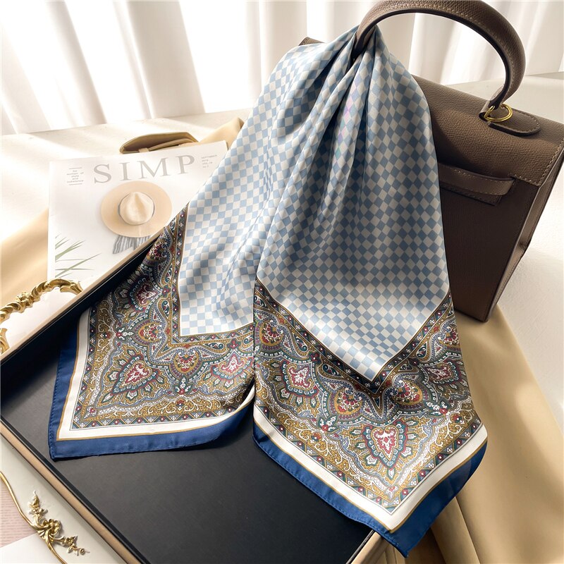 Luxury Print Satin Silk Square Scarf for Women Shawl Hijab Neckerchief Female Hair Ribbon Headband Fashion Wrap Bandana New FJ650-3