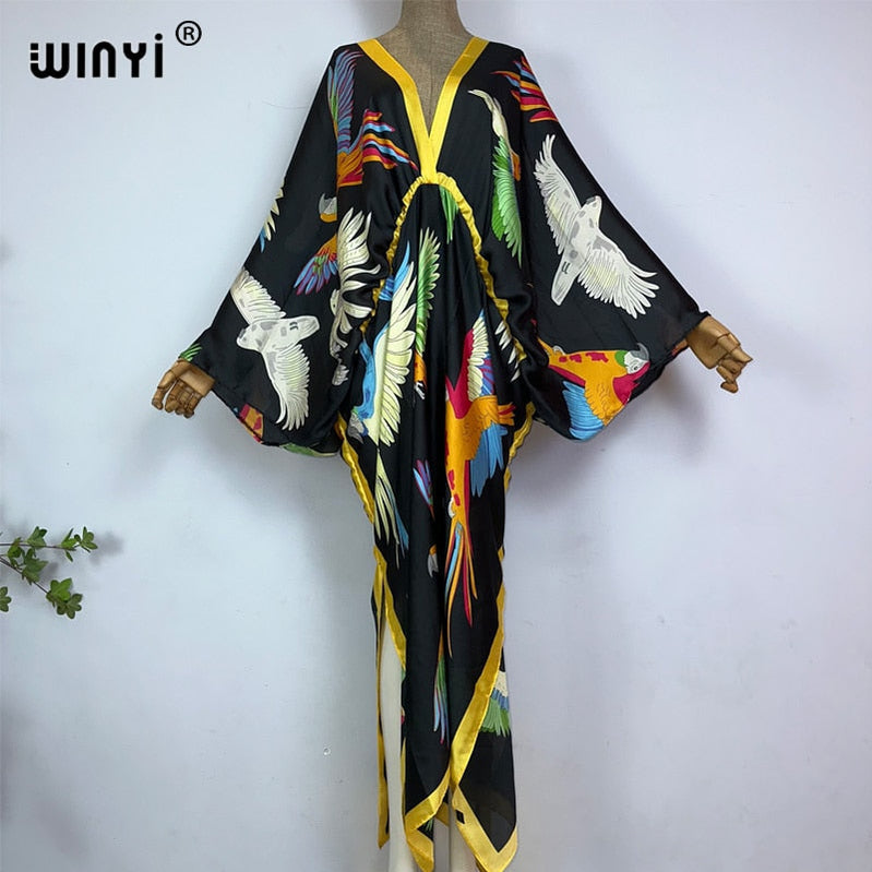 Sexy bech hand-rolled feel silk rayon fashion print Maxi Women's robes long beach V-neck Bohemian dress 3 One Size