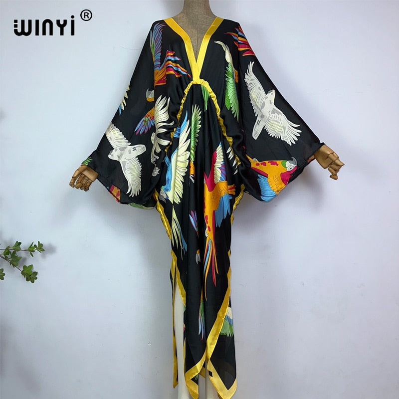Sexy bech hand-rolled feel silk rayon fashion print Maxi Women's robes long beach V-neck Bohemian dress 3 One Size