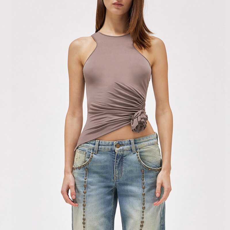 Romantic 3D rose pleated tank top fashionable and sexy y2k single side slim waist short section Top women summer new