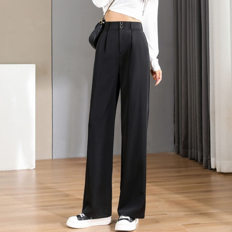 Pinggang Tinggi Wanita Baru Mengiris Longgar Casual Lurus Laki Panjang Celana Panjang Kelas Profesional Professional Wide Pants