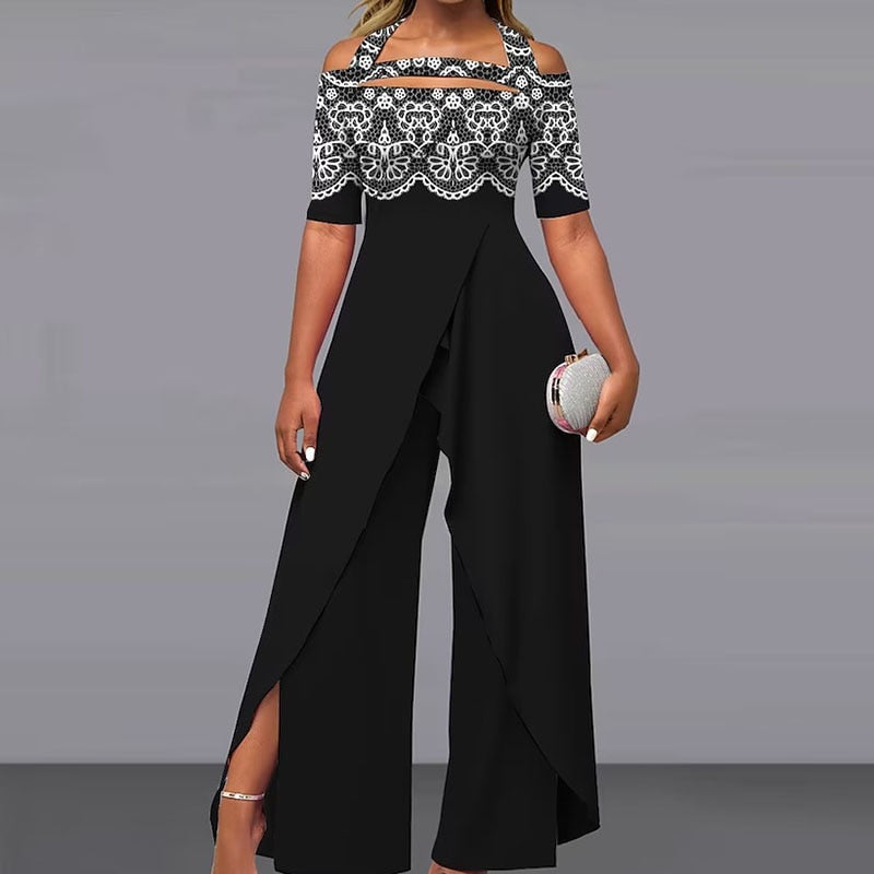 Elegant Pattern Print Short Sleeve Long Jumpsuit Women Chic Backless Lace-up Irregular Overall Fashion Female Split Romper 03 Black 01 Pink Red