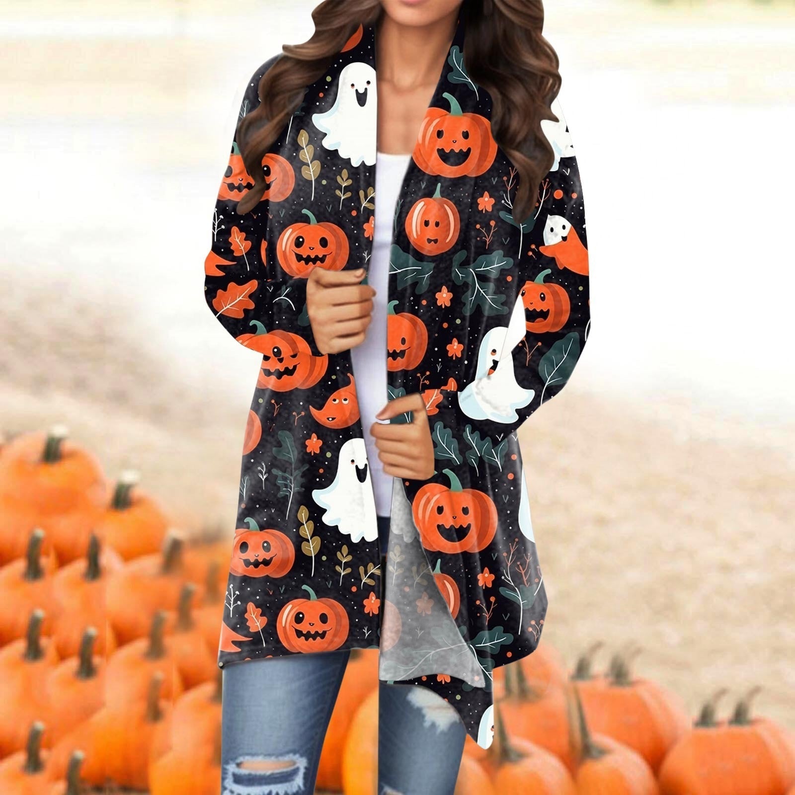 Casual Versatile Halloween Printed Thin Coat Cardigan New Basic Jackets For Women Fashion Woman Clothes Streetwear Ropa De Mujer A-Orange