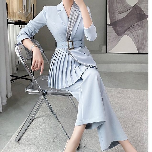 Dress Irregular Pleated Thin Blazers Coat OL Turn Down Collar Suit Cardigan Belted Jacket Tops + Long Pants Spring Fall 2pcs Set
