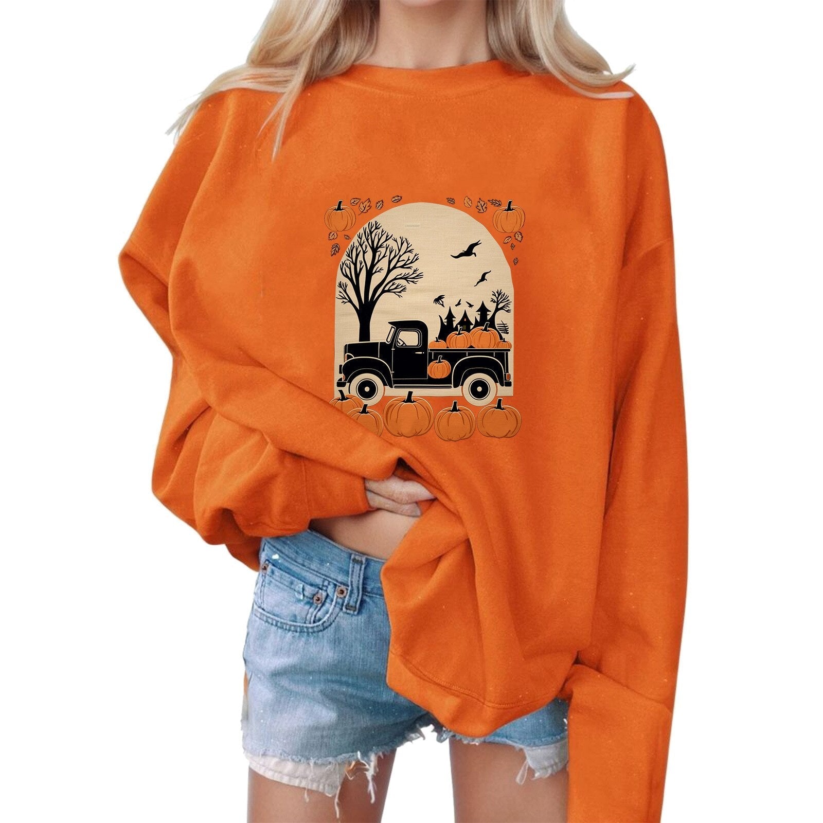 Halloween Sweatshirts Pumpkin Print Sweatshirt Loose Sweater Pullover Women's Sweatshirt Oversized Harajuku Outfits Moletom Orange