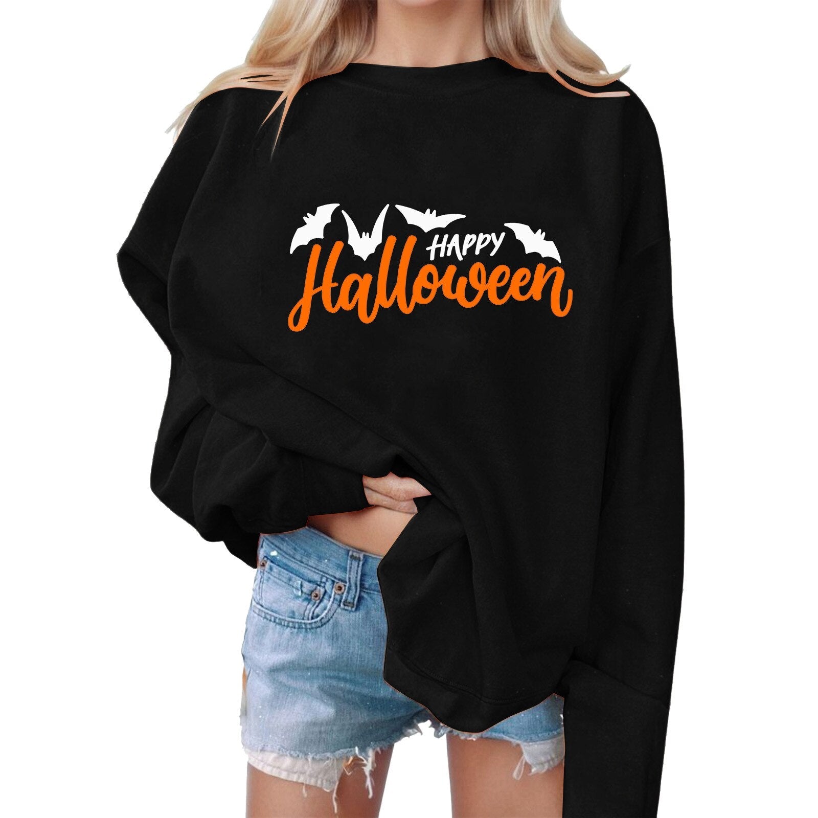 Halloween Harajuku Sweatshirts Bat Letter Print Sweatshirt Sweater Round Neck Women's Sweatshirt Long Sleeve Outfits Moletom Black