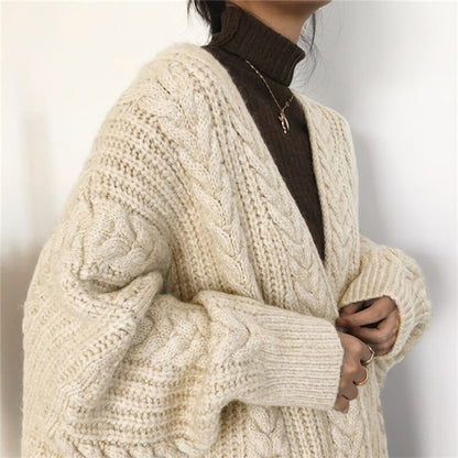 ABRIN Winter Women Loose Warm Long Cardigan TRAF Coat Autumn Long Sleeve Knit Thicken Sweater Coat Women Streetwear Outerwear