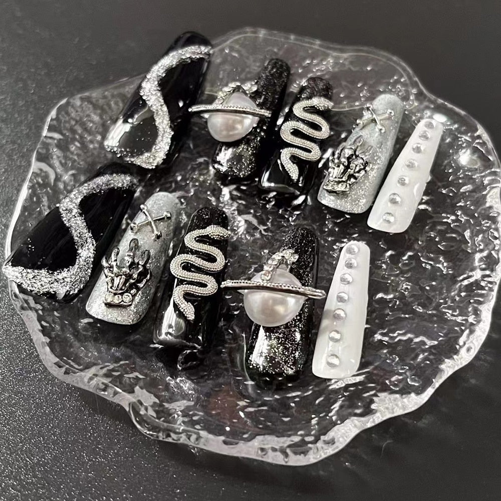 Fashion Cool Personality Cosplay Party Nails Long Coffin 3D High-End Chain Nail Tips Girls Gift Accessories