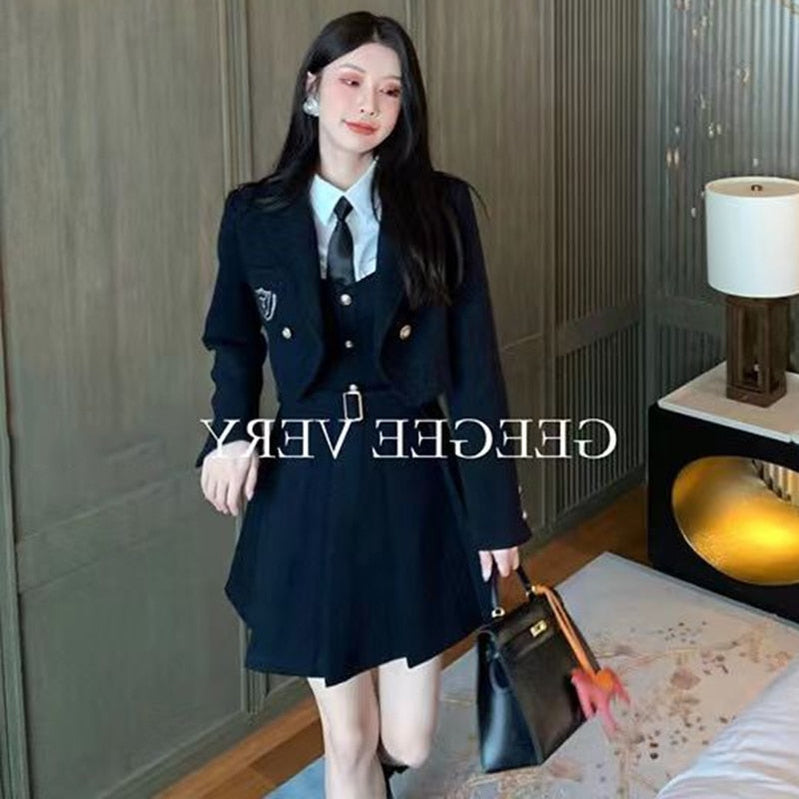 College Style 2 Piece Jacket Skirt Suit Women Spring Autumn Skirt WITH Belt+Streetwear Harajuku BF Casual Coat