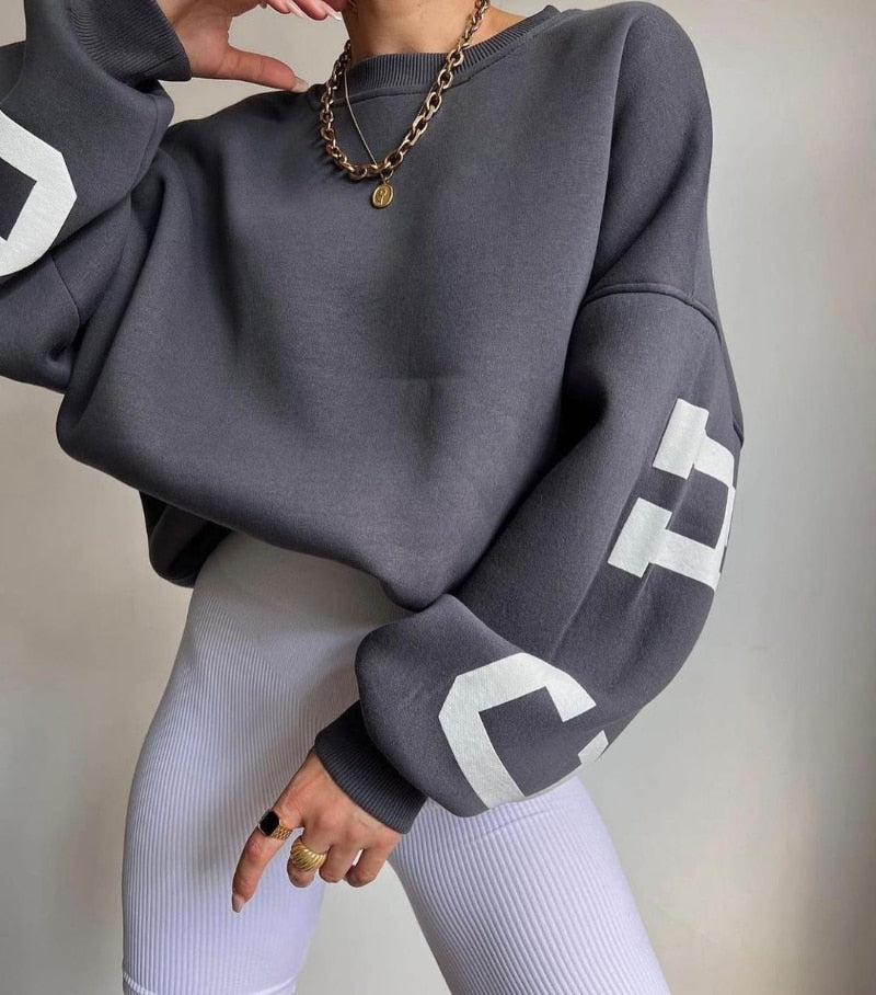 Women Casual Sweatshirts Fashion Letters Print O Neck Long Sleeve Pullovers Tops Vintage Loose Autumn Y2k Hoodies Streetwear