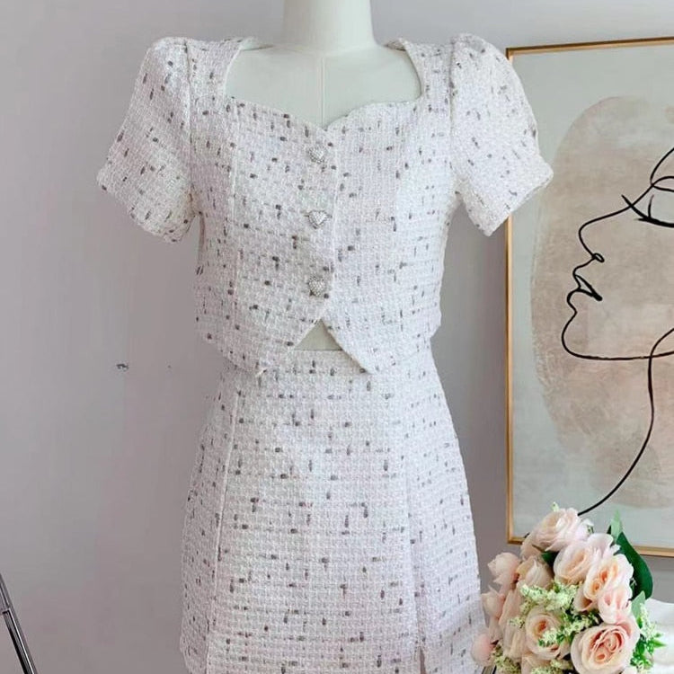 Small Fragrant Skirt Suit Tweed Short Coat Puff Sleeve Two Piece Set Female Summer Fashion Skirt for Women Korea Fashion White