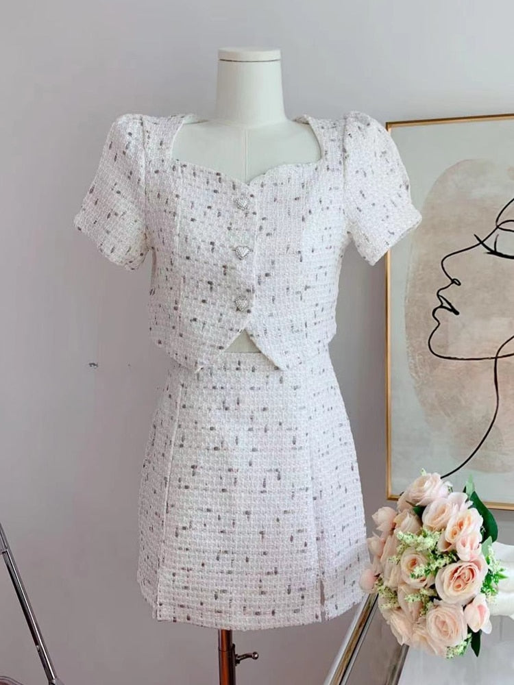 Small Fragrant Skirt Suit Tweed Short Coat Puff Sleeve Two Piece Set Female Summer Fashion Skirt for Women Korea Fashion White