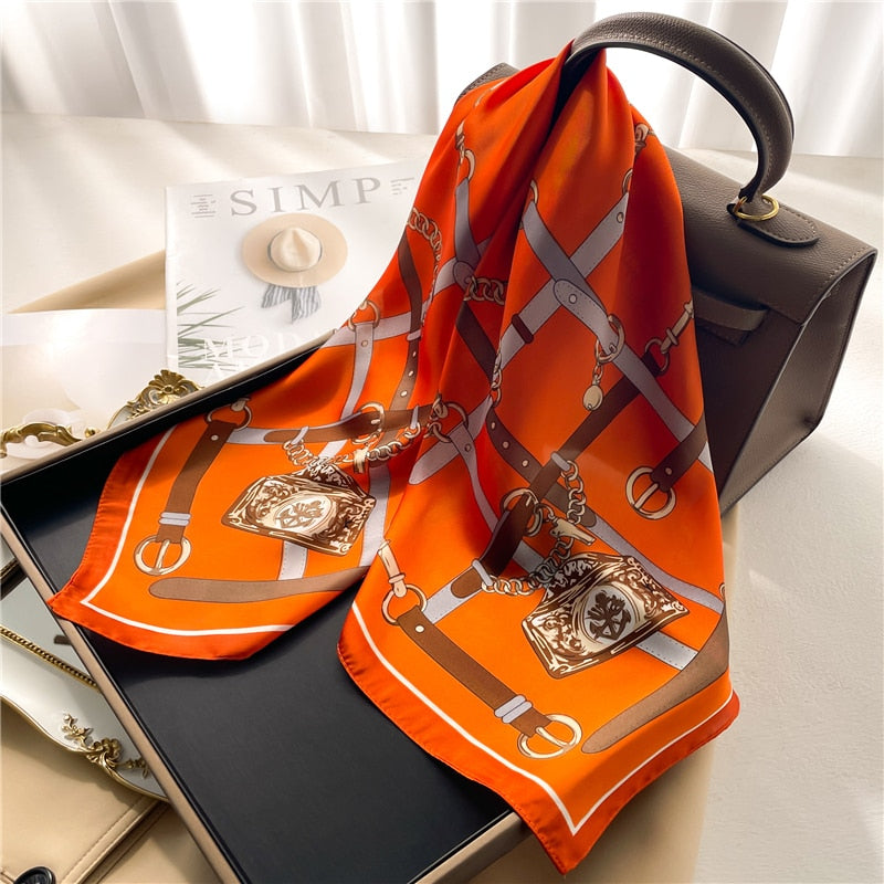 Luxury Print Satin Silk Square Scarf for Women Shawl Hijab Neckerchief Female Hair Ribbon Headband Fashion Wrap Bandana New FJ676-2
