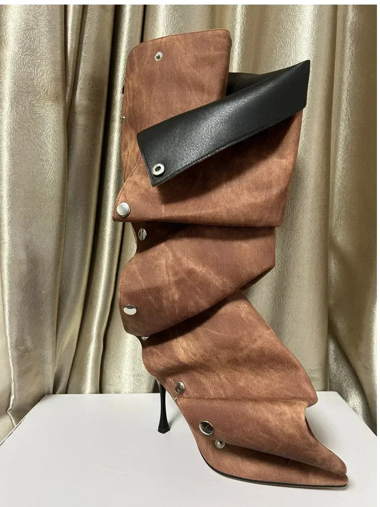 New European and American Slim High Heels, Knee High Boots, Pointed Pleated Metal Buttons, Women's Fashion Show, Winter Boots light brown