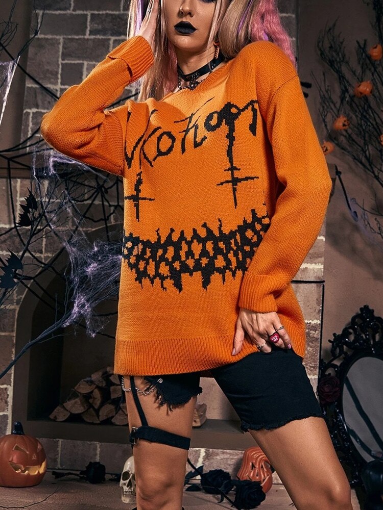 Yangelo Halloween Gothic Letter Pattern Knitted Sweater Punk Street Retro Basic Women's Fall Winter Warm Loose Sweater