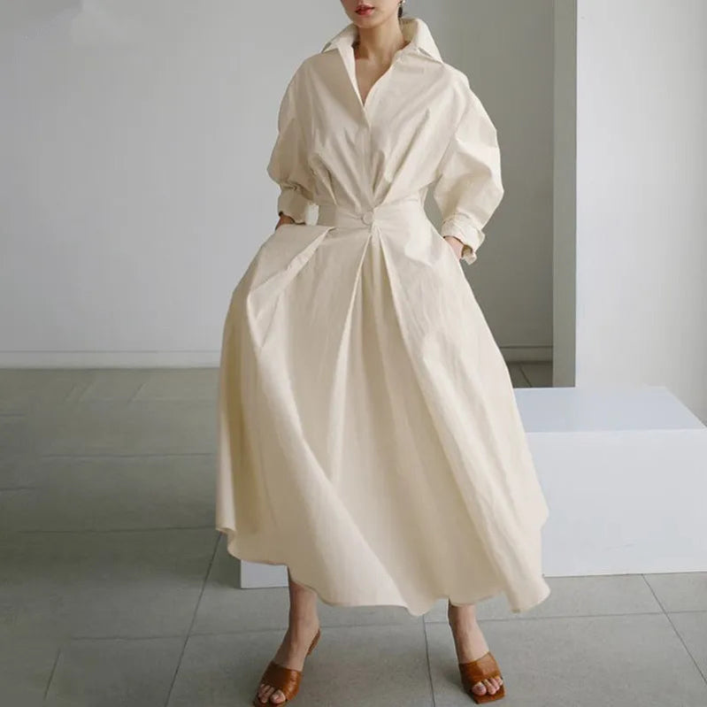 S-5XL Korean Fashion Long Sleeve Shirt Dress Chic Turndown Neck Ruched Maxi Dress Women Autumn Winter Clothes Streetwear beige