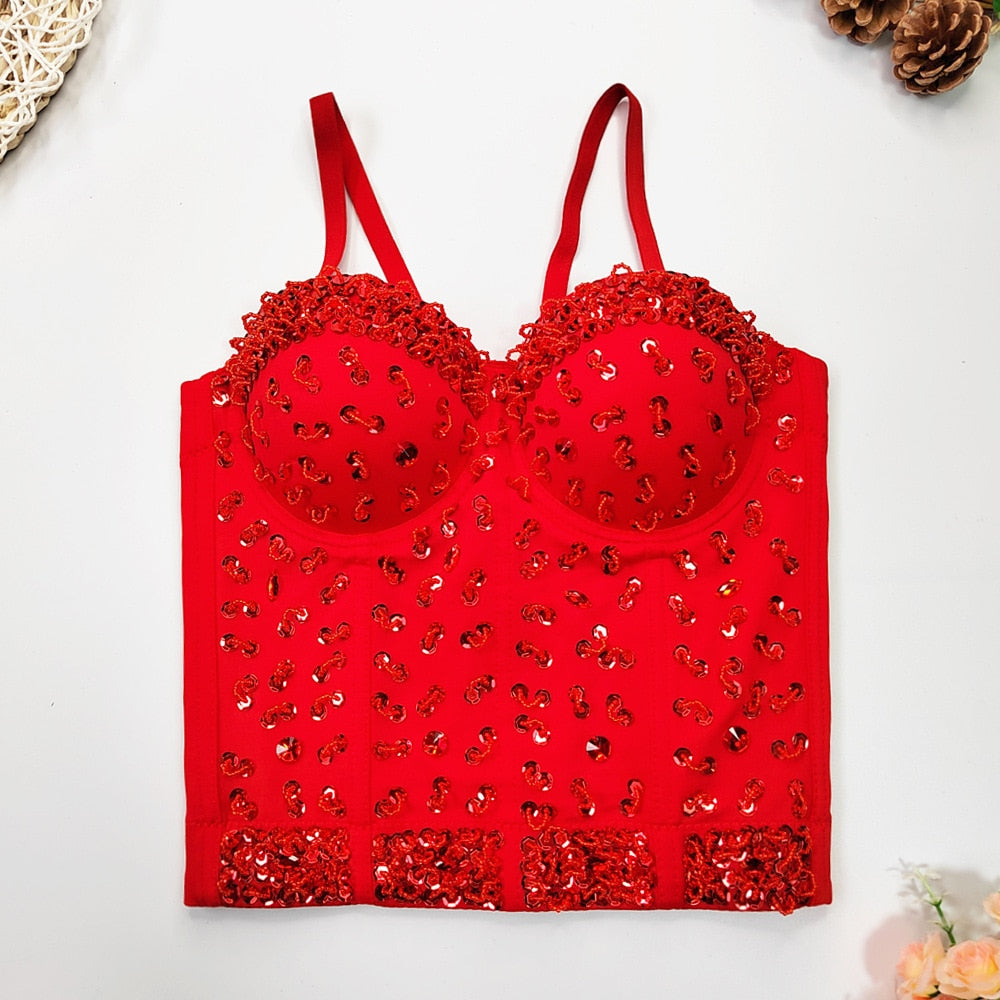 New Women Sexy Fashion Crop Top Diamond Flower Strapless Vest Bustier Bra Night Club Party Tank Top Female