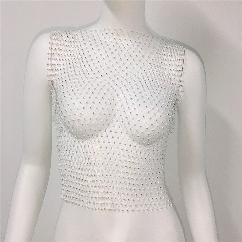 Women's Fishnet Rhinestone Crop Top 2023 Summer Sexy Mesh High Elastic Black White Shirt Net See Through Rave Diamond Tank Top White Spain