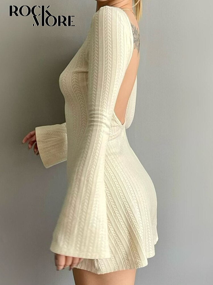 Solid Knitted Backless Dresses for Women Autumn Winter Elegant Long Sleeve Bodycon Mini Dress Casual