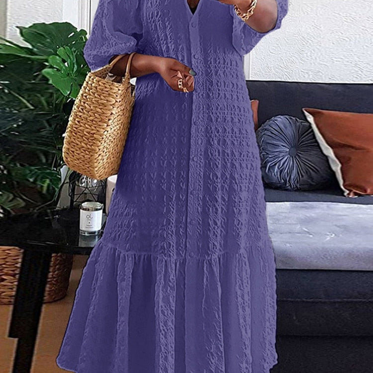 Plus Size 5XL VONDA Women Shirt Dress 2023 Summer Sexy V Neck Buttons Half Sleeve Long Maxi Vestidos Bohemian Elegant Party Robe Purple