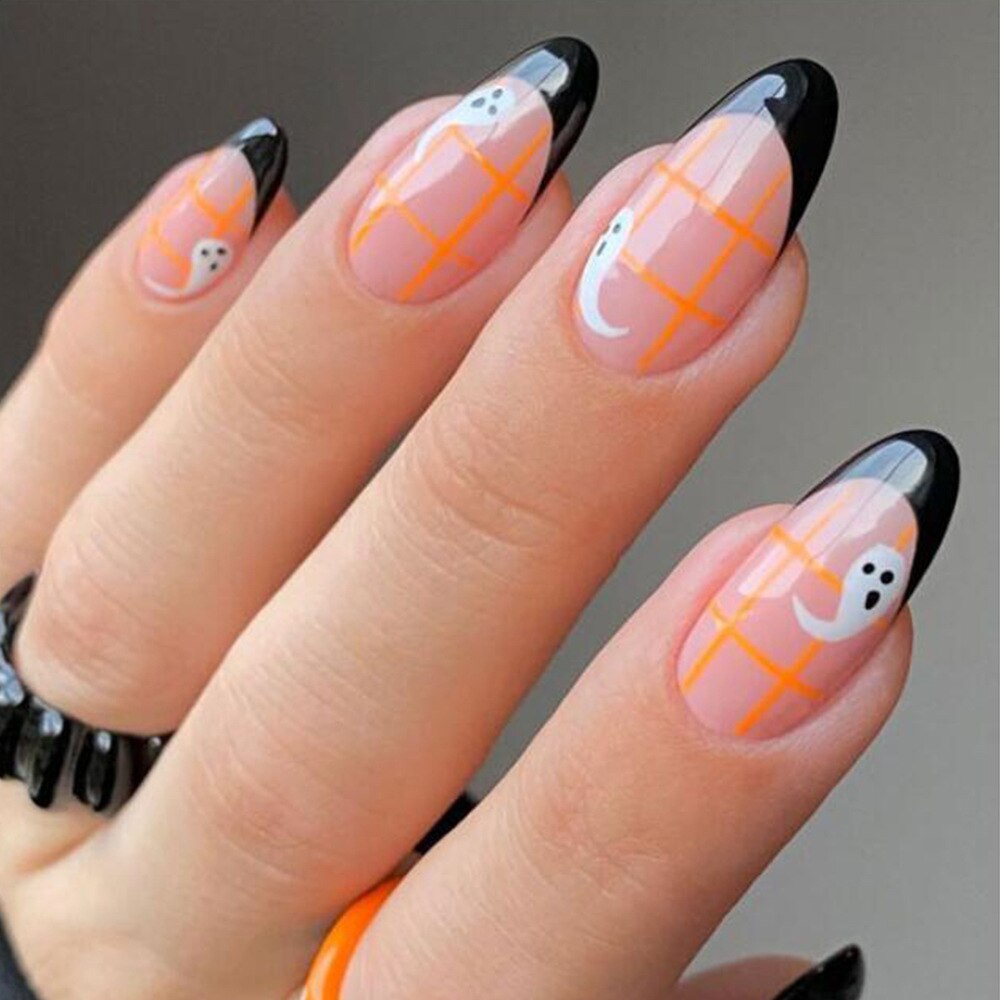 New Halloween Fake Nails Patch Black Almond/Coffin Head Artificial Nail Tips Pumpkin Spider Ghost Printed Press on Nail for Girl Spain Z12