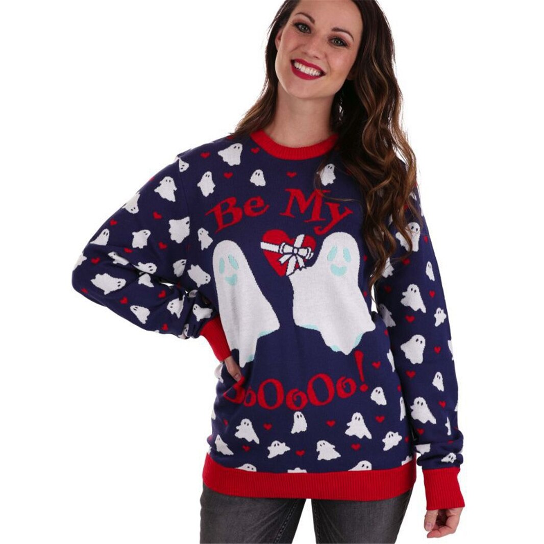 Unisex Cute Knit Funny Be My Boo Ghost Pattern Crewneck Navy Blue Funny Men and Women Ugly Halloween Sweater