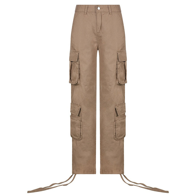 PASSIONNÉ Trousers for Women High Waist Pockets Lace-up Wide Leg Pants Female Vintage Streetwear Style Fashion New