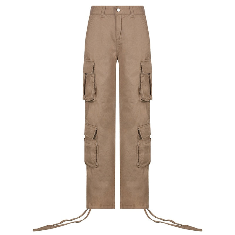 PASSIONNÉ Trousers for Women High Waist Pockets Lace-up Wide Leg Pants Female Vintage Streetwear Style Fashion New