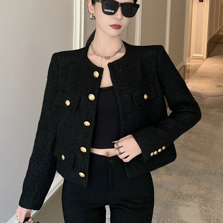 Fall Winter French Vintage Small Fragrant Tweed Jacket Coat Women Elegant Casual Woolen Short Coats Streetwear Outwear Crop Top