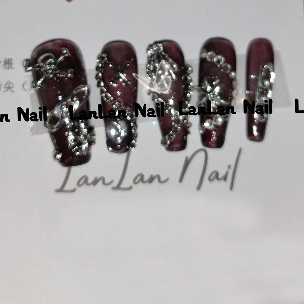 Fashion Cool Personality Cosplay Party Nails Long Coffin 3D High-End Chain Nail Tips Girls Gift Accessories 6