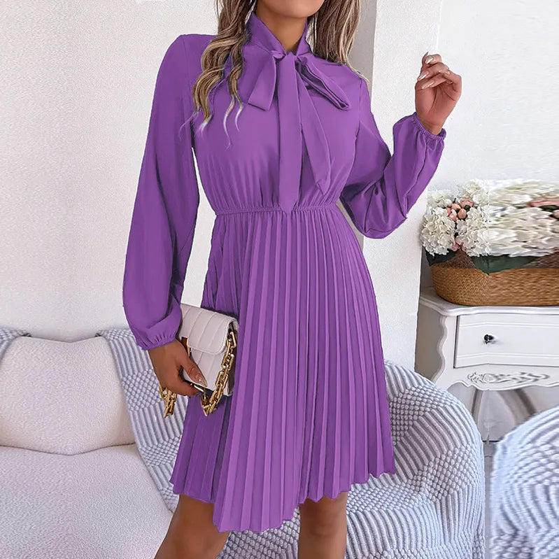 Women's Autumn Winter Temperament Lace Up Solid Color High Waist Long Sleeve Pleated Dress Purple